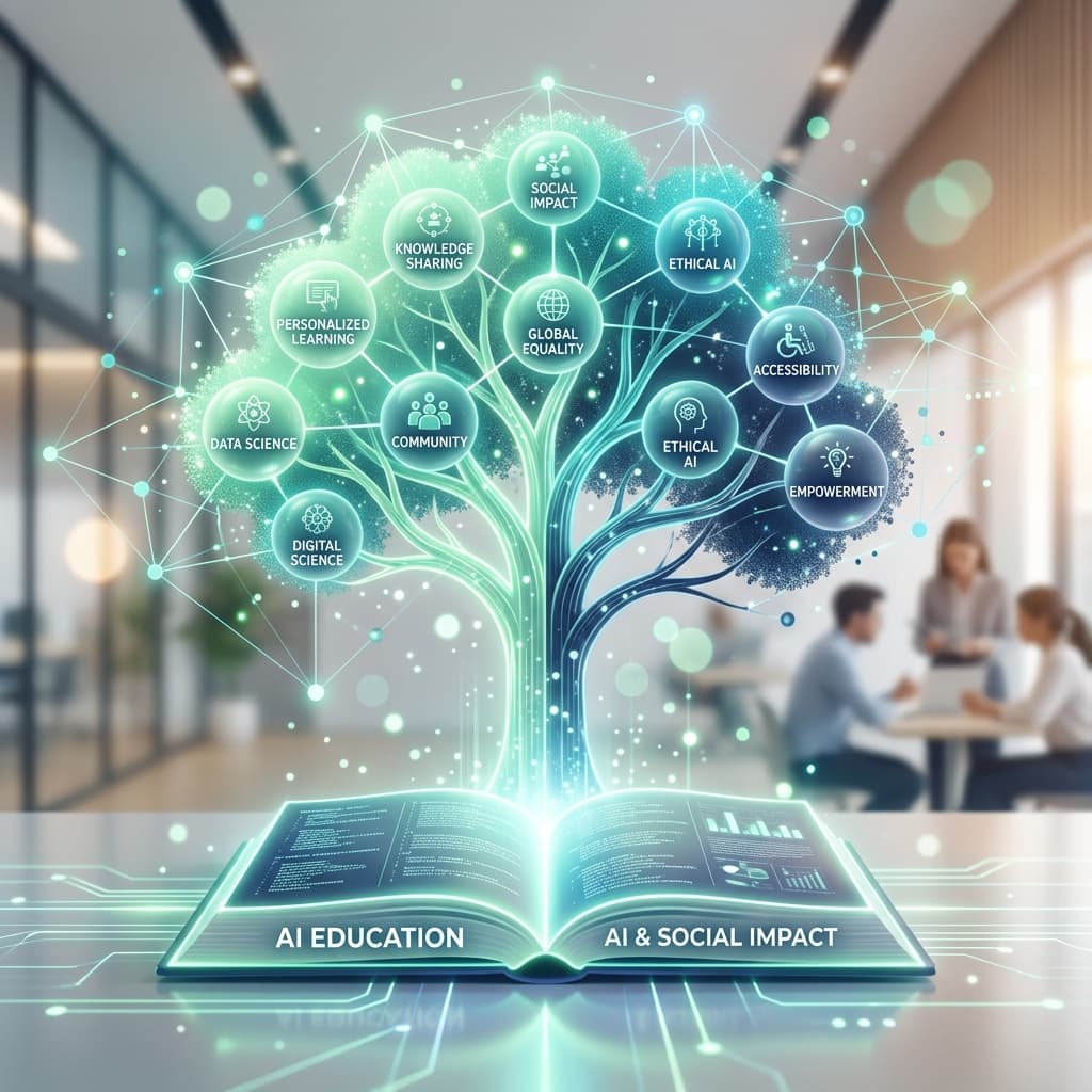 Kennisboom met AI-concepten boven een opengeslagen boek — symbool voor onderwijs en kunstmatige intelligentie.